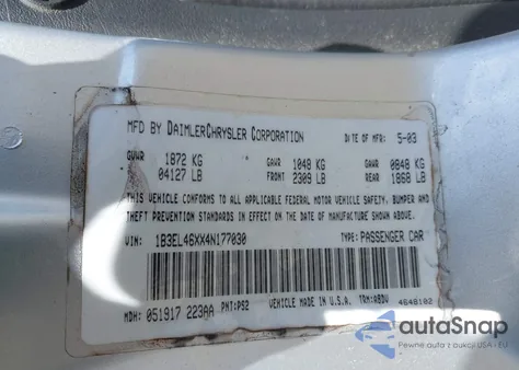 2004 Dodge Stratus Sxt из США, поврежденный, VIN 1B3EL46XX4N177030